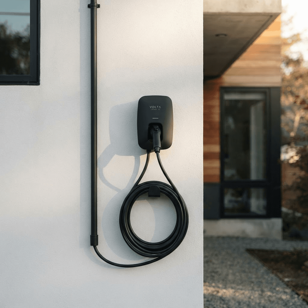 Wall-mounted home EV charging station on a modern house