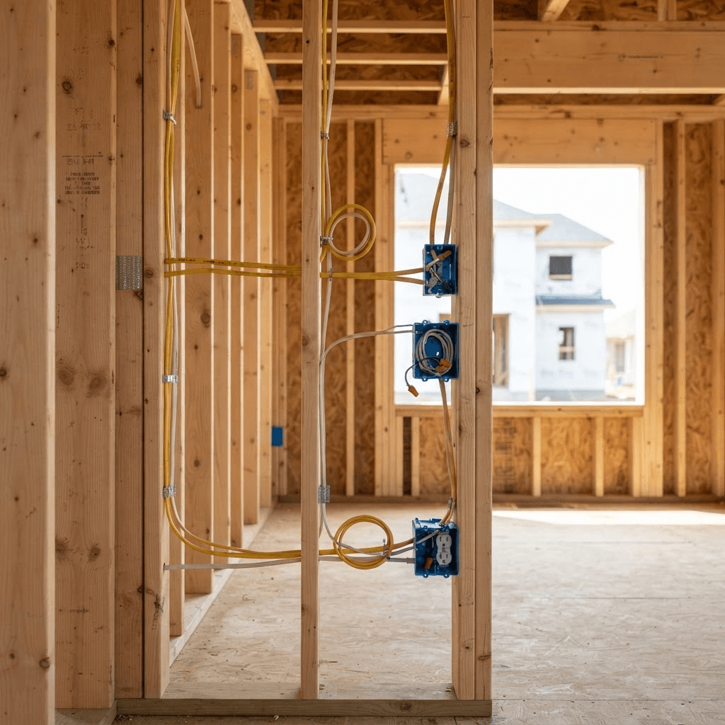 Electrical rough-in wiring inside new residential framing
