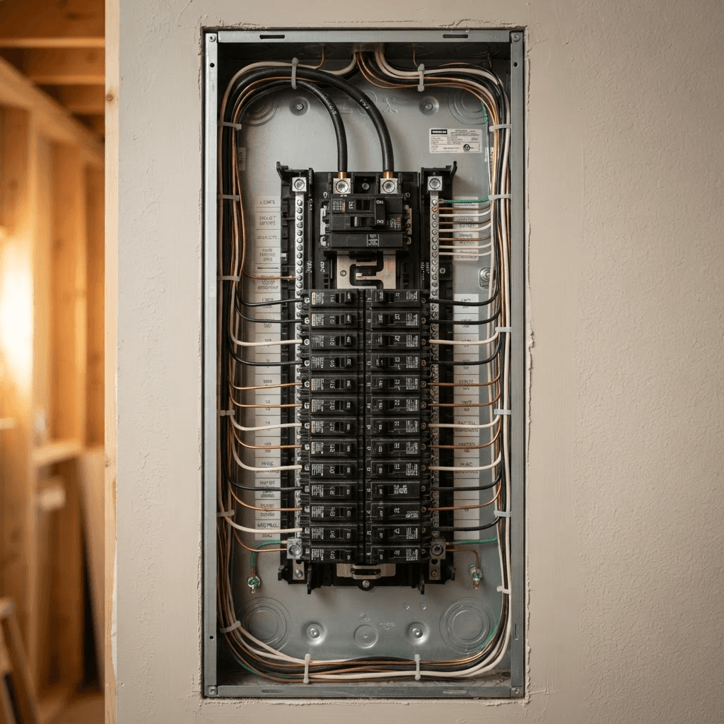 Open residential electrical panel with neatly dressed wiring