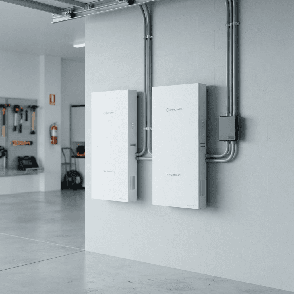 Home battery storage units mounted on a garage wall